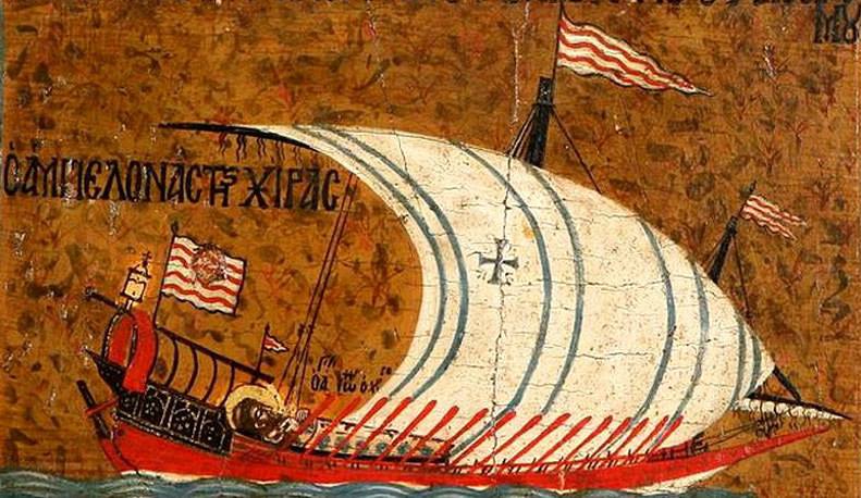 medieval galley sailing to Byzantium