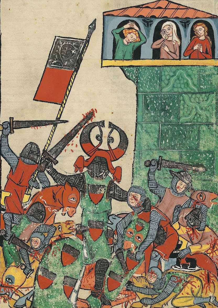 weeping medieval women observe battle