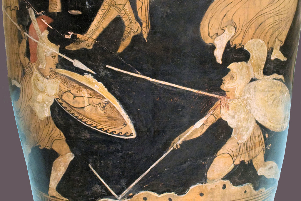 Achilles killing King Memnon during Trojan War; decoration on grave amphora