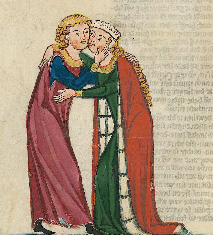 medieval man and woman embracing in love