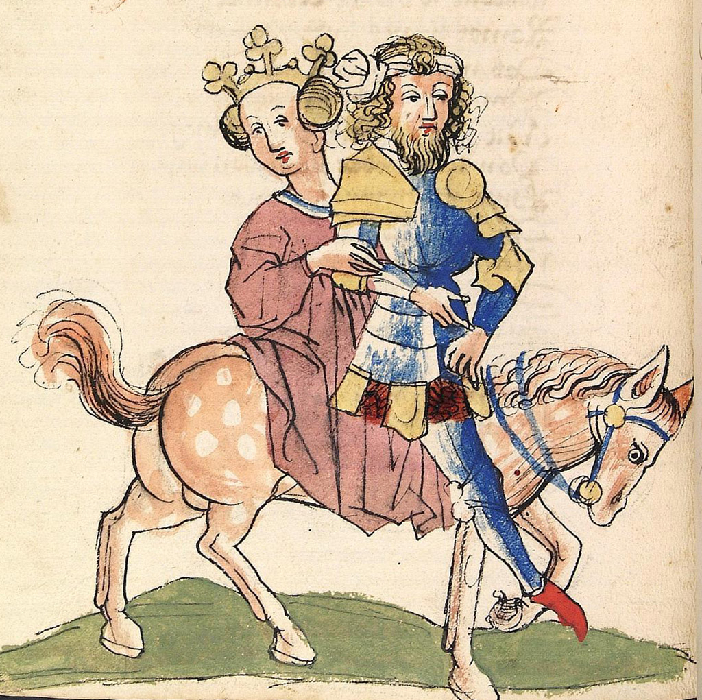 Gawan rides away with Orgeluse in Wolfram von Eschenbach's Parzival