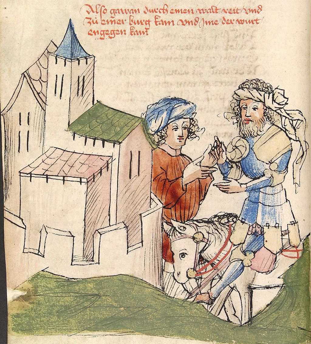 King Vergulaht inviting Gawan to enjoy his sister Antikonie's hospitality in the castle at Schampfanzun
