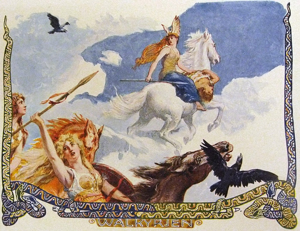 Viking warrior-women (valkyries) imagined in illustration made in c. 1900
