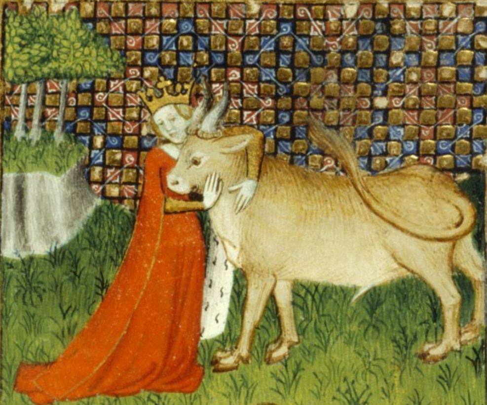 Queen Pasiphae embracing the Cretan bull