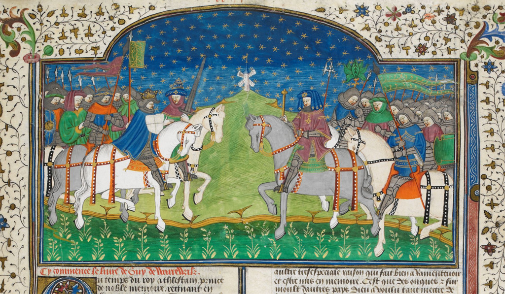 Guy of Warwick as a courtier and pilgrim amid knights