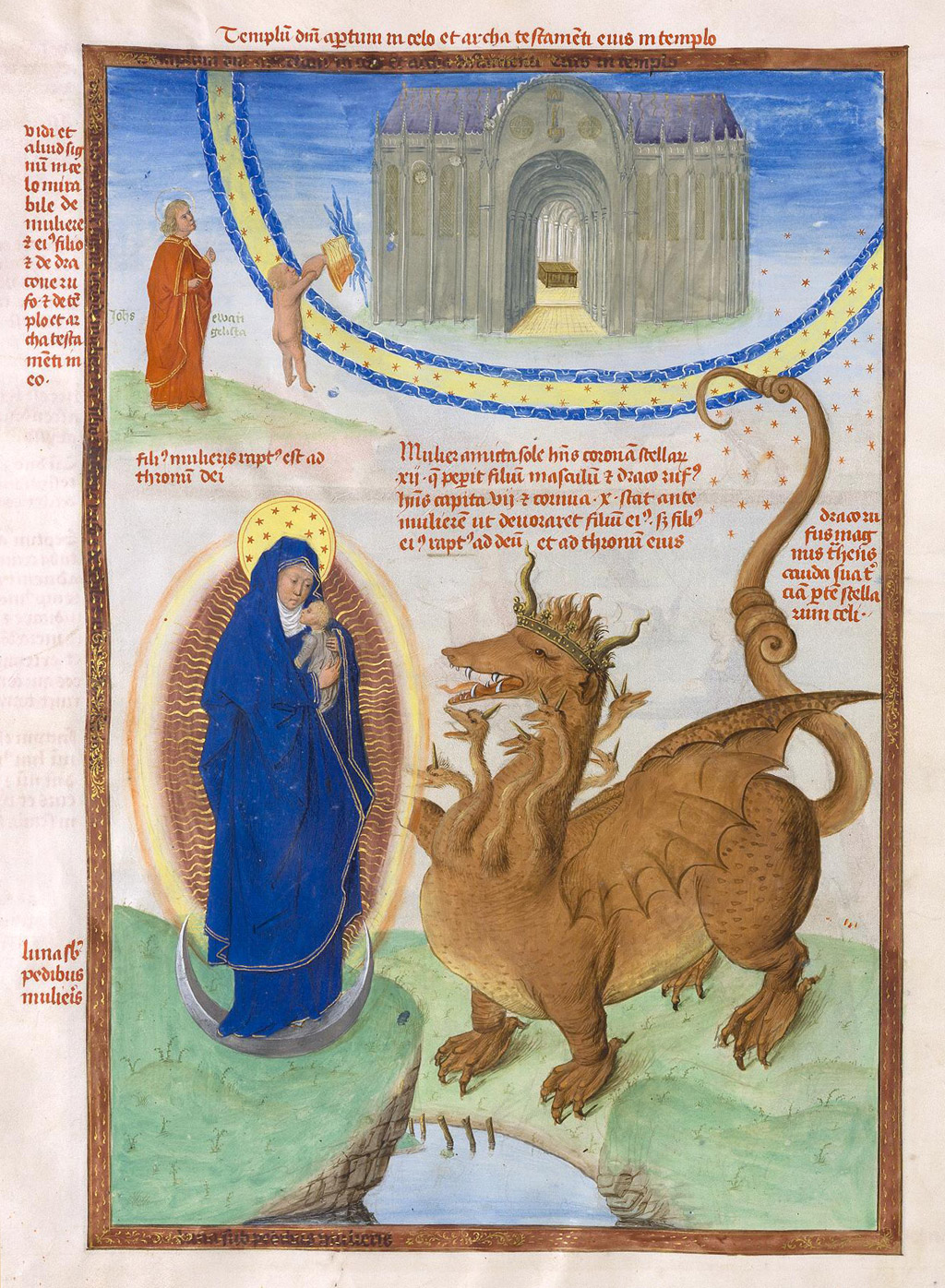 seven-headed dragon attacking woman in medieval illustration of Revelation 12